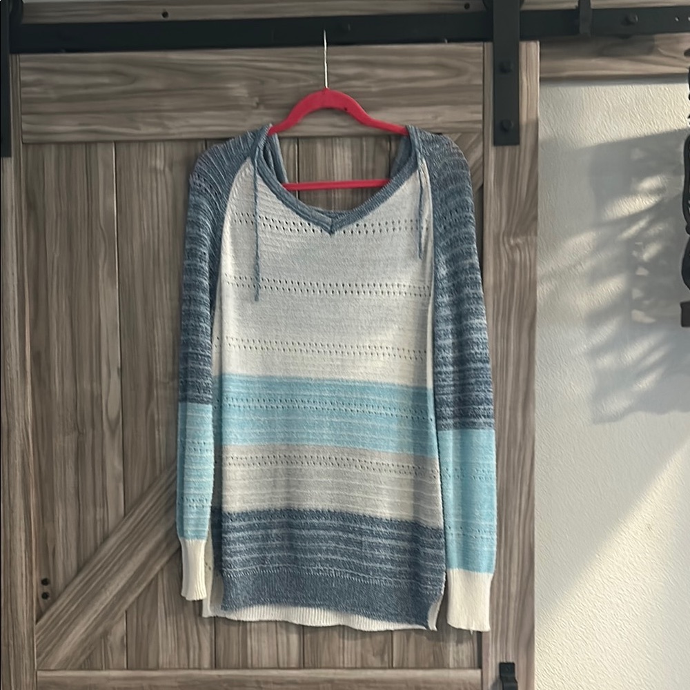 Blue and White Striped Women's Knit lightweight hooded long sleeved top